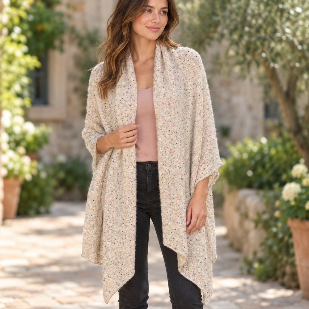 Anthropologie Cream Multi Confetti Speckled Knit Oversized Shawl Wrap One Size